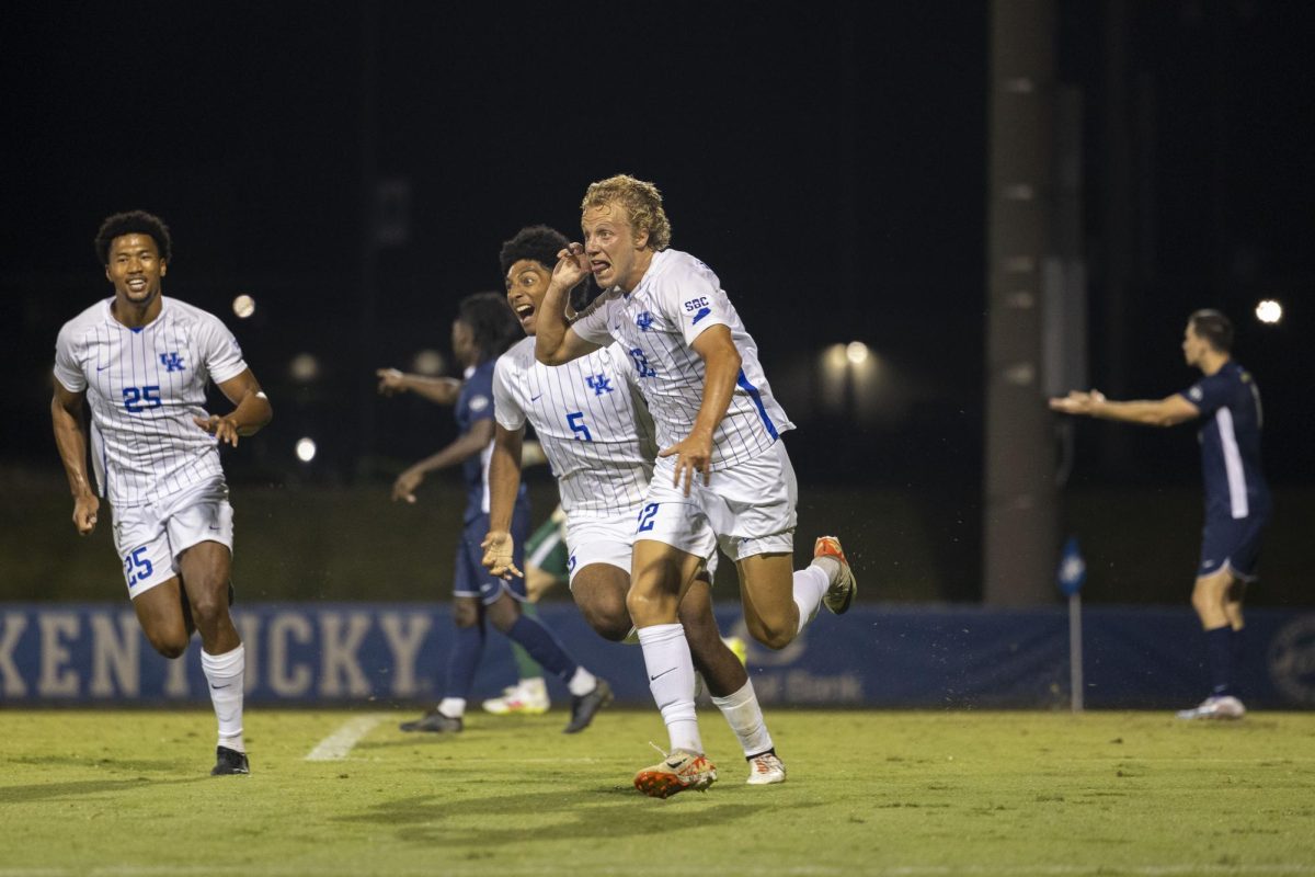 Kentucky Forward Logan Dorsey celebrates after making a goal on Thursday, Aug. 22, 2024, at Wendell and Vickie Bell Soccer Complex in Lexington, Kentucky. Photo by Matthew Mueller | Photo Editor.  Kentucky defeated Oral Roberts 3-2.  