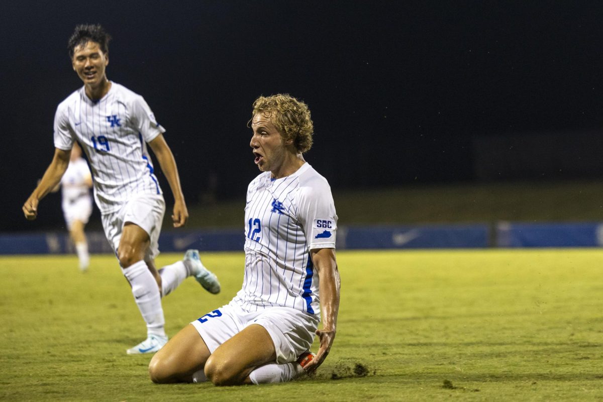 Kentucky Forward Logan Dorsey celebrates after making a goal on Thursday, Aug. 22, 2024, at Wendell and Vickie Bell Soccer Complex in Lexington, Kentucky. Photo by Matthew Mueller | Photo Editor.  Kentucky defeated Oral Roberts 3-2.  