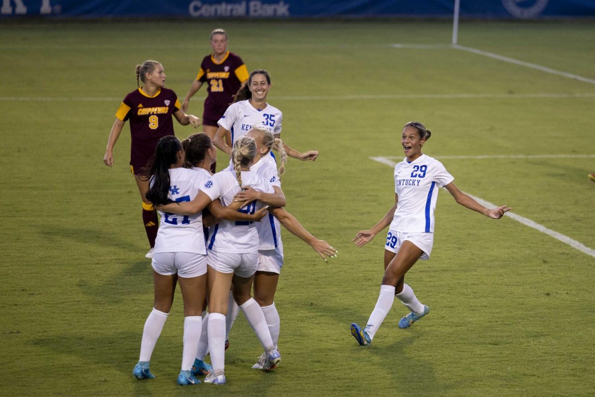 Midfield Sydni Fink celebrates after a goal during the Kentucky vs. Central Michigan women’s soccer game on Thursday, Aug. 15, 2024, at Wendell and Vickie Bell Soccer Complex in Lexington, Kentucky. Kentucky won 2-0. Photo by Matthew Mueller | Photo Editor 