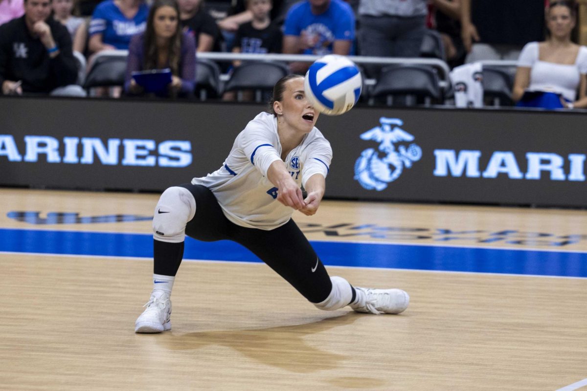 Kentucky’s Eleanor Beavin (6) digs the ball on Tuesday, Aug. 27, 2024, at the KFC Yum Center in Louisville, Kentucky. Kentucky lost to Nebraska 3-1. Photo by Matthew Mueller | Photo editor