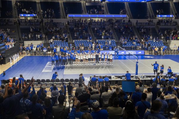 Kentucky Volleyball sings My Old Kentucky Home after their victory over NKU on Friday, Aug. 30, 2024, at Memorial Coliseum in Lexington, Kentucky. Kentucky beat NKU 3-0. Photo by Matthew Mueller | Photo editor 
