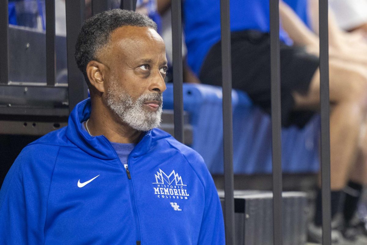 Kentucky women’s Basketball head coach Kenney Brooks makes an appearance before the start of the match on Friday, Aug. 30, 2024, at Memorial Coliseum in Lexington, Kentucky. Kentucky beat NKU 3-0. Photo by Matthew Mueller | Photo editor 
