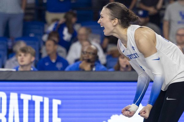 Kentucky’s Emma Grome celebrates after a point on Friday, Aug. 30, 2024, at Memorial Coliseum in Lexington, Kentucky. Kentucky beat NKU 3-0. Photo by Matthew Mueller | Photo editor 
