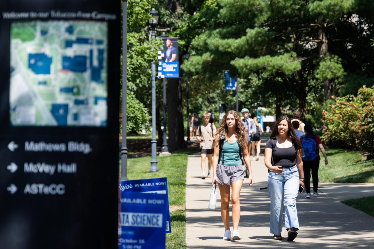 Students walk to their next class on the first day of classes Monday, Aug. 26, 2024, at the University of Kentucky in Lexington, Kentucky. Photo by Samuel Colmar | Staff