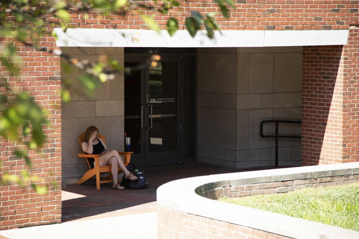 Sophie Zahn, a Junior studying Health Science and Population, sits outside the Ralph G. Anderson Building and waits for her classes to begin on Monday, Aug. 26, 2024, in Lexington, Kentucky. Photo by Christian Kantosky | Staff