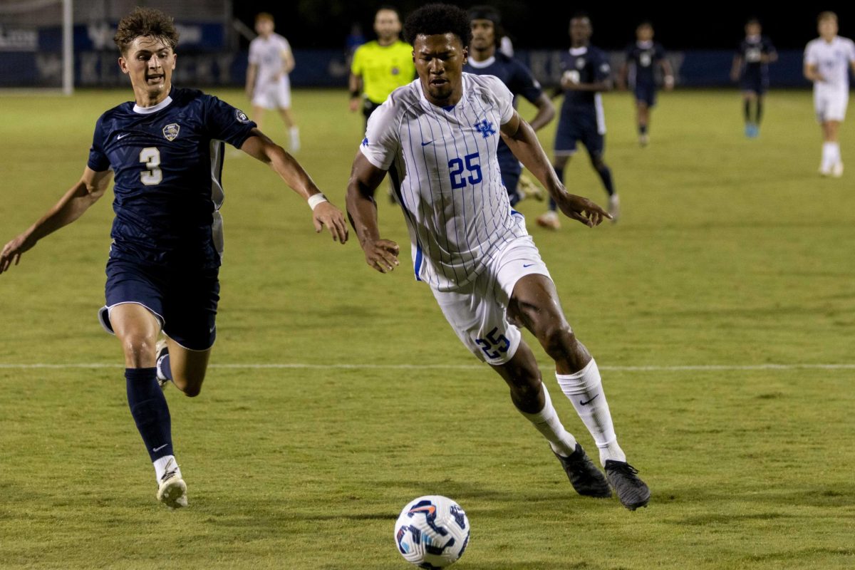 Kentucky forward Isaiah Chisolm, dribbles the ball toward goal during the Kentucky vs. Oral Roberts men's soccer game on Thursday, Aug. 22nd, 2024, in Lexington, Kentucky. Kentucky won 3-2. Photo by Christan Kantonsky | Staff 