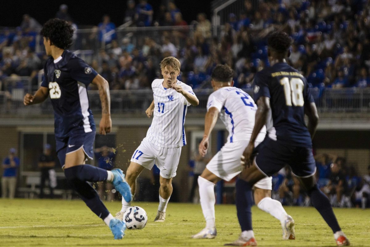 Kentucky midfielder Bertil Alban, looks to shoot the ball during the Kentucky vs. Oral Roberts men's soccer game on Thursday, Aug. 22nd, 2024, in Lexington, Kentucky. Kentucky won 3-2. Photo by Christan Kantonsky | Staff