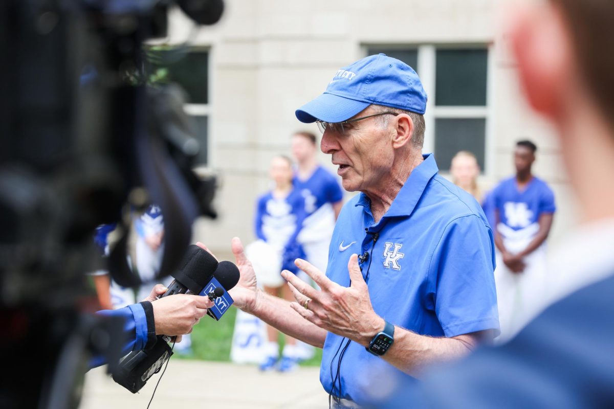 UK President Eli Capilouto talks to journalists in an interview during Big Blue Move-In on Monday, Aug. 19, 2024, at Jewell Hall at the University of Kentucky in Lexington, Kentucky. Photo by Abbey Cutrer | Staff