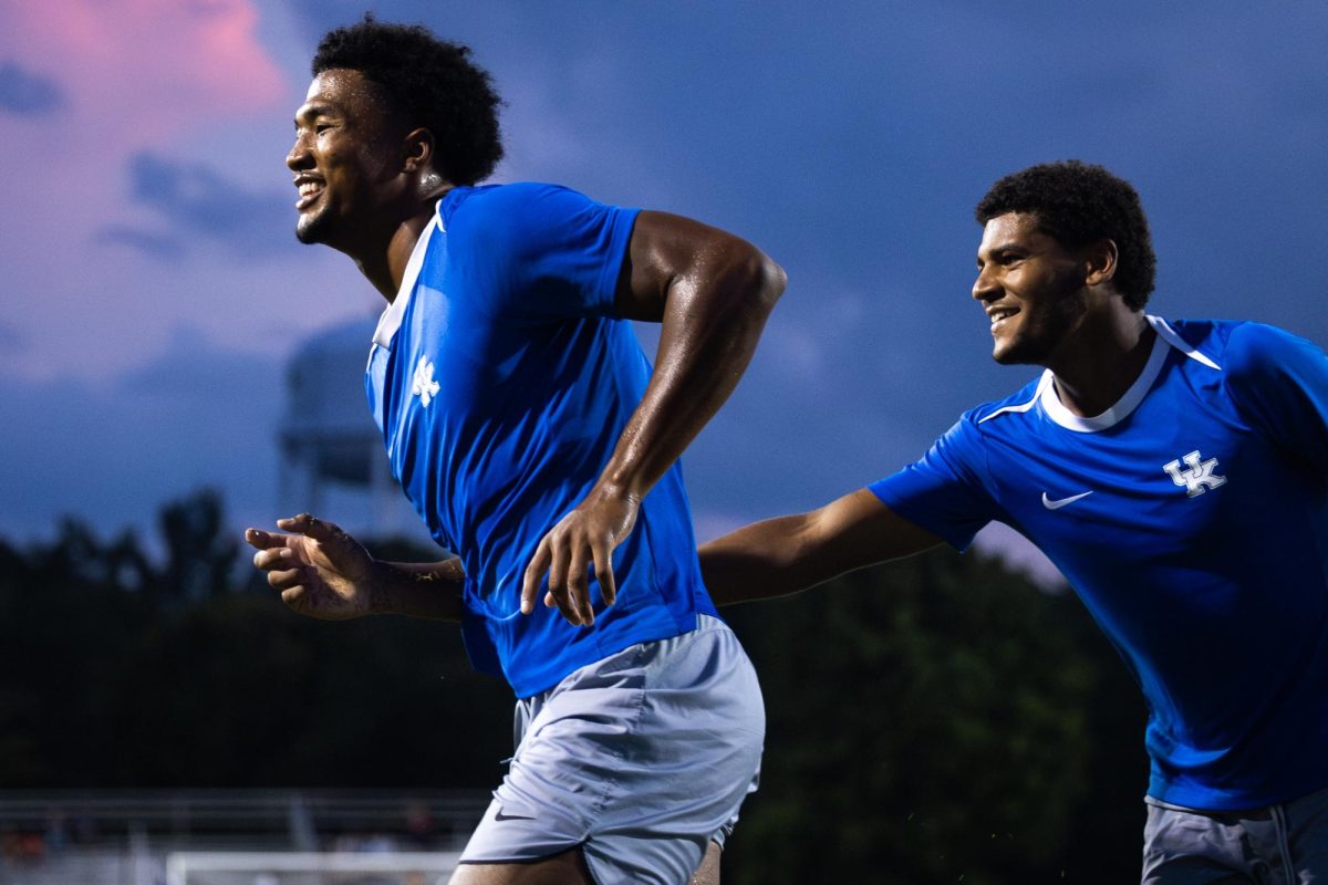 Kentucky forward Isaiah Chisolm (24) celebrates after scoring a goal during the Kentucky vs. Northern Kentucky men's soccer game on Friday, Aug. 16, 2024, at Wendell and Vickie Bell Soccer Complex in Lexington, Kentucky. Kentucky won 3-1. Photo by Samuel Colmar | Staff