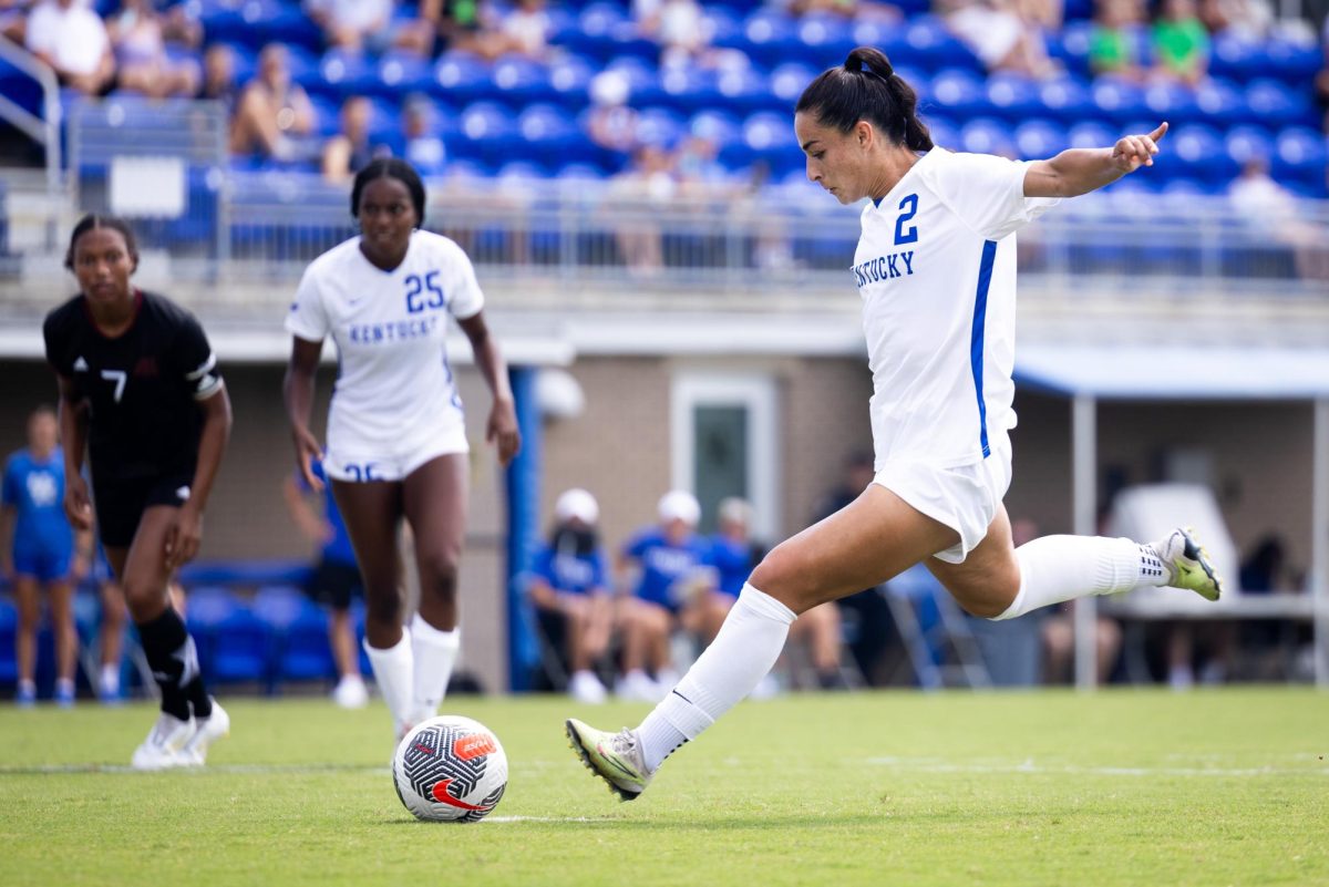 Kentucky midfielder/forward Maddie Kemp (2) shoots a goal during the Kentucky vs. Jacksonville State women's soccer game on Sunday, Aug. 25, 2024, at the Wendell and Vickie Bell Soccer Complex in Lexington, Kentucky.  Kentucky won 4-1. Photo by Samuel Colmar | Staff