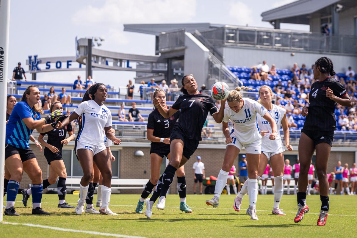 Kentucky defender Katherine Truitt (11) heads a ball during the Kentucky vs. Jacksonville State women's soccer game on Sunday, Aug. 25, 2024, at the Wendell and Vickie Bell Soccer Complex in Lexington, Kentucky.  Kentucky won 4-1. Photo by Samuel Colmar | Staff