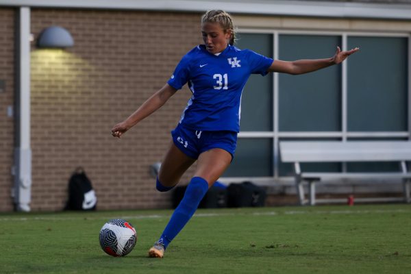 Kentucky forward Alexis Tylenda kicks the ball during the Kentucky vs. Kent State women’s soccer game on Friday, Sept. 13, 2024, at Wendell and Vickie Bell soccer complex in Lexington, Kentucky. Kentucky won 3-1. Photo by Sydney Yonker | Staff