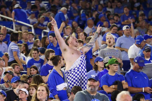 Kentucky fan sings during the Kentucky vs Southern Miss football game on Saturday, Aug. 31, 2024, at Kroger Field in Lexington, Kentucky. Kentucky won 31-0. Photo by Sydney Yonker | Staff