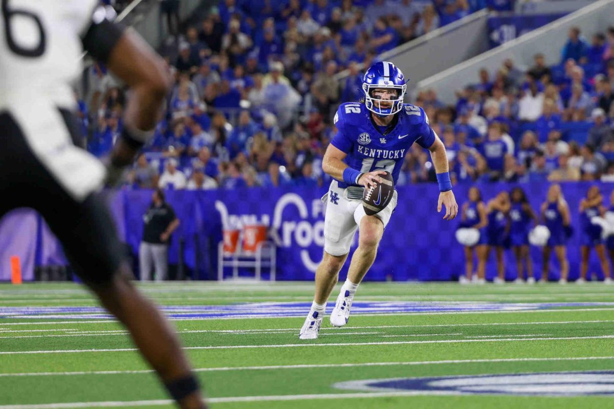 Kentucky quarterback Brock Vandagriff looks for an open man during the Kentucky vs Southern Miss football game on Saturday, Aug. 31, 2024, at Kroger Field in Lexington, Kentucky. Kentucky won 31-0. Photo by Sydney Yonker | Staff