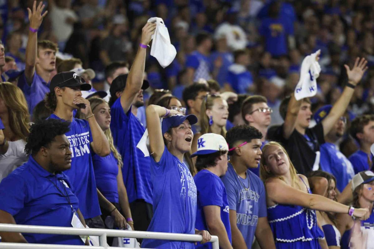 Kentucky Wildcats fans react to a call by the game officials during the game between Kentucky and Georgia on Saturday, Sept. 14, 2024, at Kroger Field in Lexington, Kentucky. Kentucky lost to Georgia 13-12. Photo by Sydney Yonker | Staff