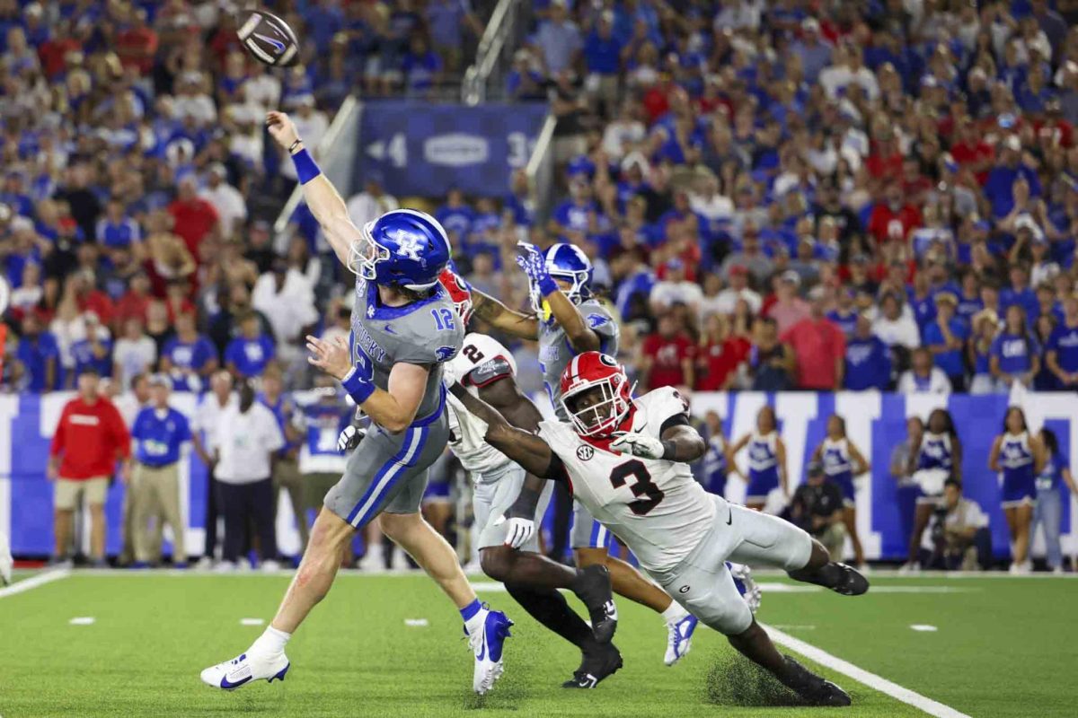 Kentucky Wildcats quarterback Brock Vandagriff (12) throws the ball during the game between Kentucky and Georgia on Saturday, Sept. 14, 2024, at Kroger Field in Lexington, Kentucky. Kentucky lost to Georgia 13-12. Photo by Sydney Yonker | Staff