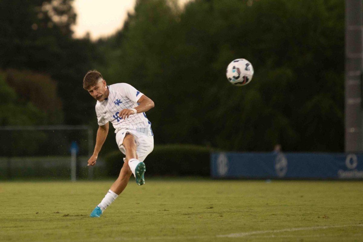 Midfielder, Agustin Lopez shoots and scores a free kick in the Kentucky Men's Soccer game vs. Virginia Tech at the Wendell and Vickie Bell Soccer Complex on Monday, Sep. 2, 2024, in Lexington, Kentucky. The teams tied 2-2. Photo by Christian Kantosky | Staff