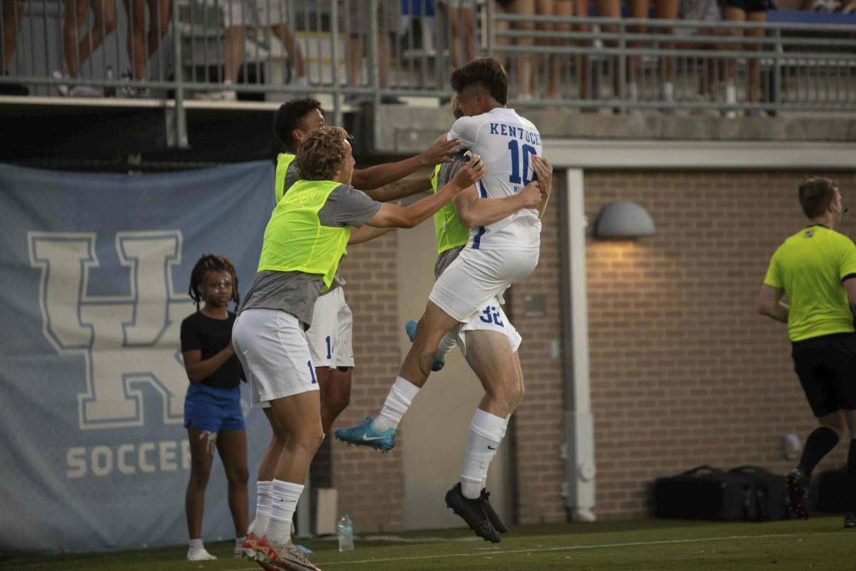 Midfielder, Agustin Lopez celebrates with his teammates after scoring in the Kentucky Men's Soccer game vs. Virginia Tech at the Wendell and Vickie Bell Soccer Complex on Monday, Sep. 2, 2024, in Lexington, Kentucky. The teams tied 2-2. Photo by Christian Kantosky | Staff