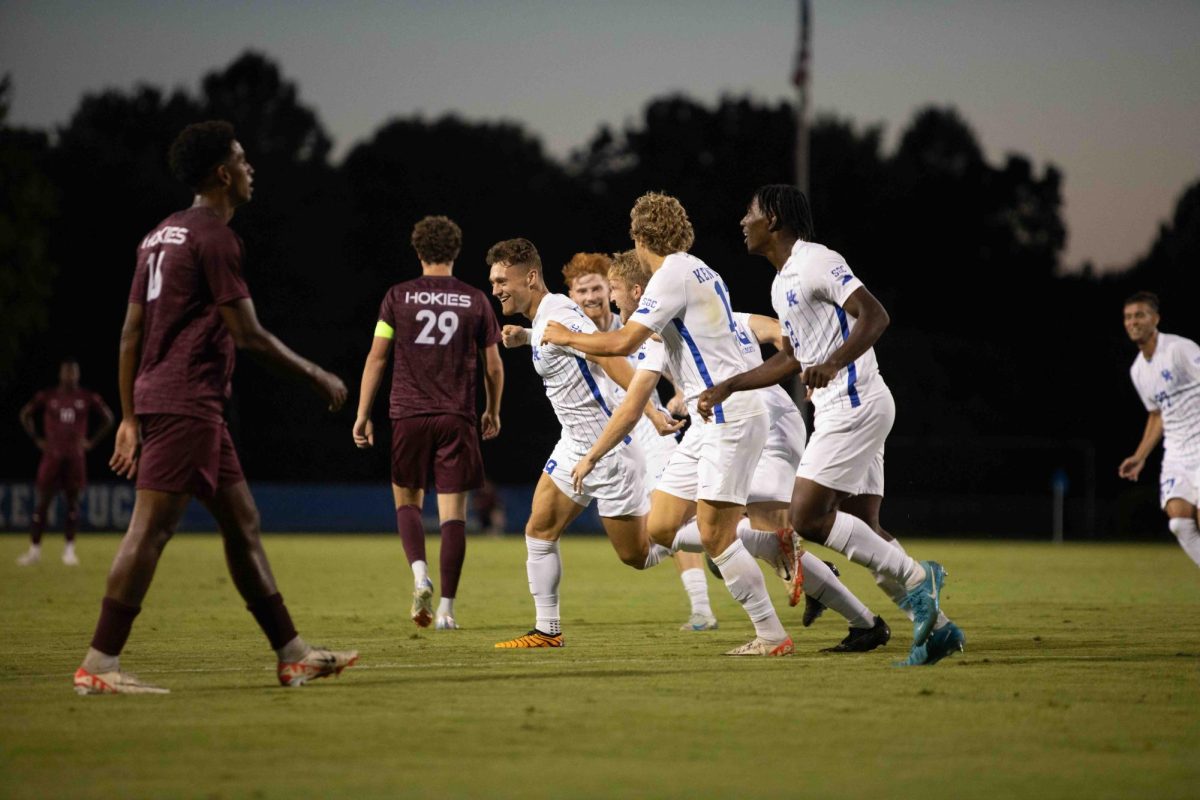 Forward, Nick Zielonka celebrates after scoring a goal in the Kentucky Men's Soccer game vs. Virginia Tech at the Wendell and Vickie Bell Soccer Complex on Monday, Sep. 2, 2024, in Lexington, Kentucky. The teams tied 2-2. Photo by Christian Kantosky | Staff