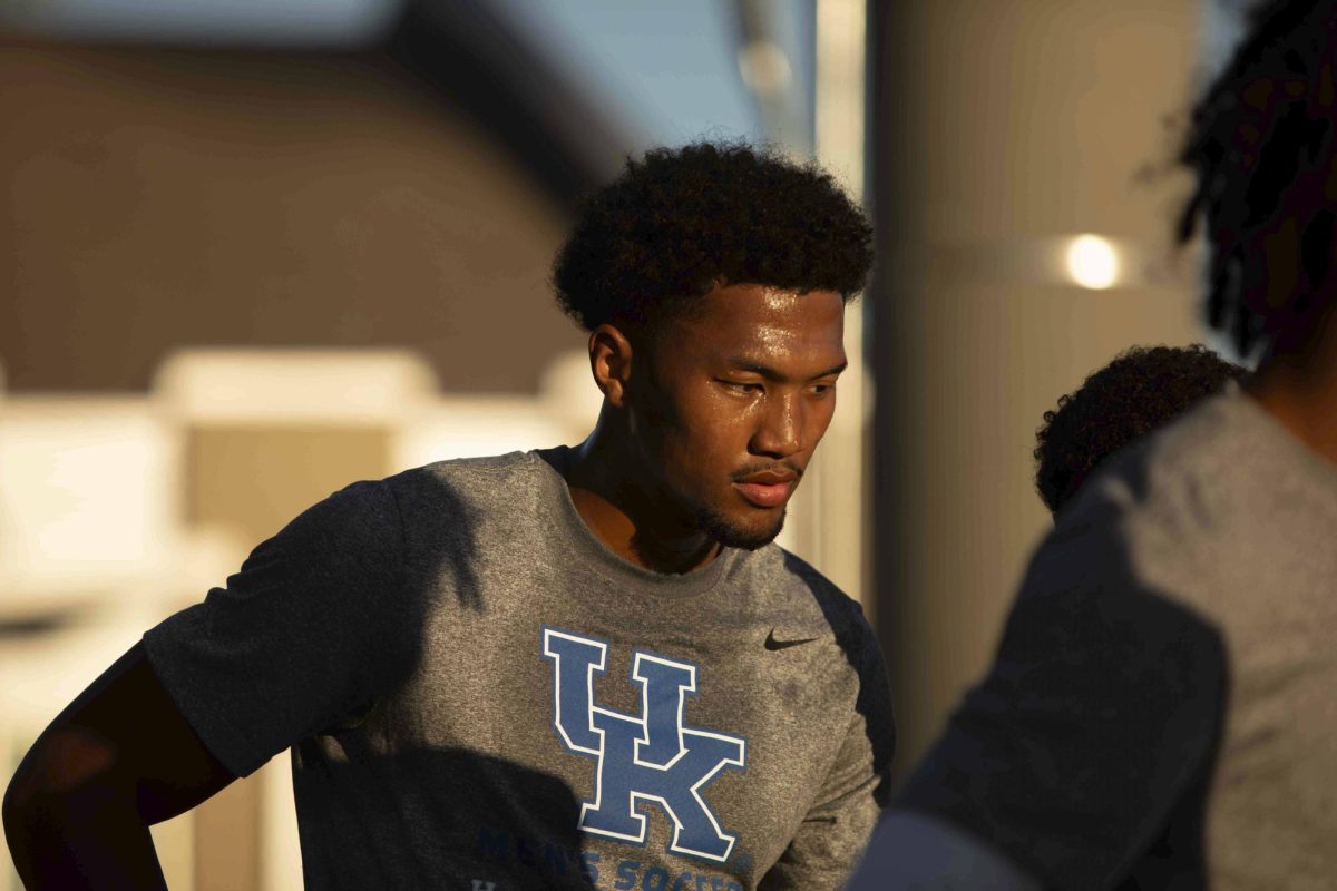 Forward, Isaiah Chisolm warms up for the Kentucky Men's Soccer game vs. Virginia Tech at the Wendell and Vickie Bell Soccer Complex on Monday, Sep. 2, 2024, in Lexington, Kentucky. The teams tied 2-2. Photo by Christian Kantosky | Staff