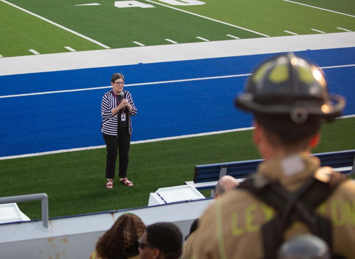 Lexington’s Mayor Linda Gorton addresses the crowd at the 9/11 Memorial Stair Climb on Wednesday, Sept. 11, 2024, at Kroger Field in Lexington, Kentucky. Photo by Christian Kantosky | Staff