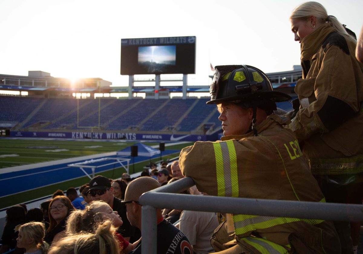 Firefighters await the start of the 9/11 Memorial Stair Climb on Wednesday, Sept. 11, 2024, at Kroger Field in Lexington, Kentucky. Photo by Christian Kantosky | Staff