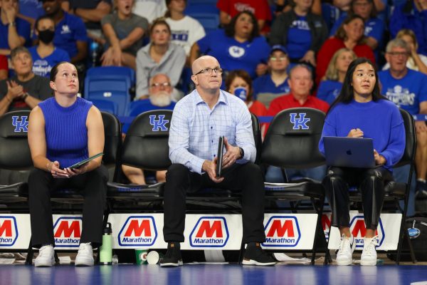 Kentucky assistant coach Meredith Jewell and Kentucky head coach Craig Skinner watch closely during the Kentucky vs Louisville volleyball game on Wednesday, Sept. 18, 2024, at Memorial Colosseum in Lexington, Kentucky. Kentucky lost 3-1. Photo by Sydney Yonker | Staff