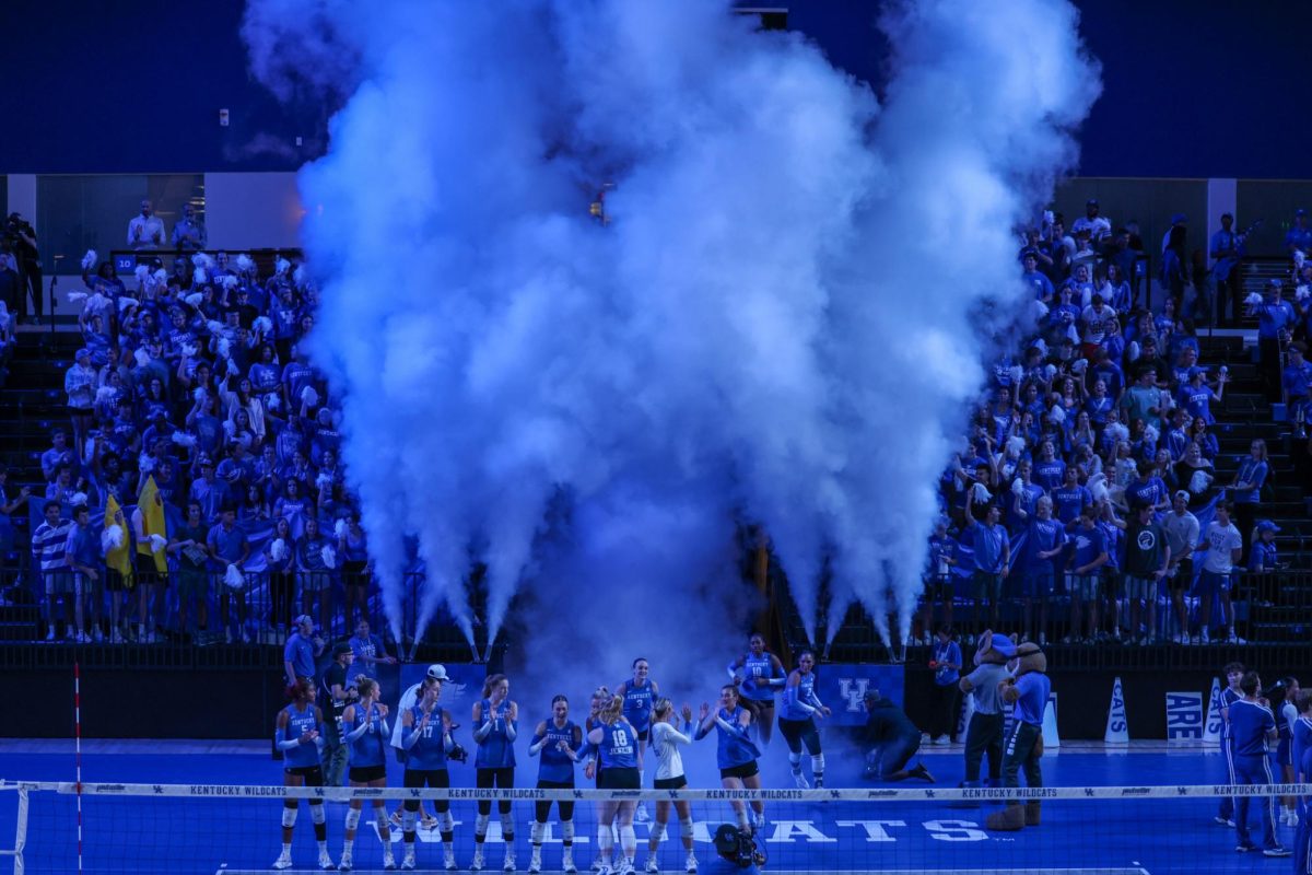 Kentucky runs onto the court during the Kentucky vs Louisville volleyball game on Wednesday, Sept. 18, 2024, at Memorial Colosseum in Lexington, Kentucky. Kentucky lost 3-1. Photo by Sydney Yonker | Staff