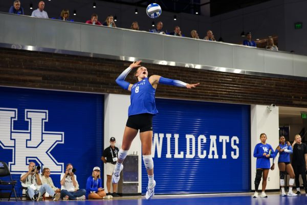 Kentucky middle blocker Brooke Bultema serves the ball during the Kentucky vs Louisville volleyball game on Wednesday, Sept. 18, 2024, at Memorial Colosseum in Lexington, Kentucky. Kentucky lost 3-1. Photo by Sydney Yonker | Staff