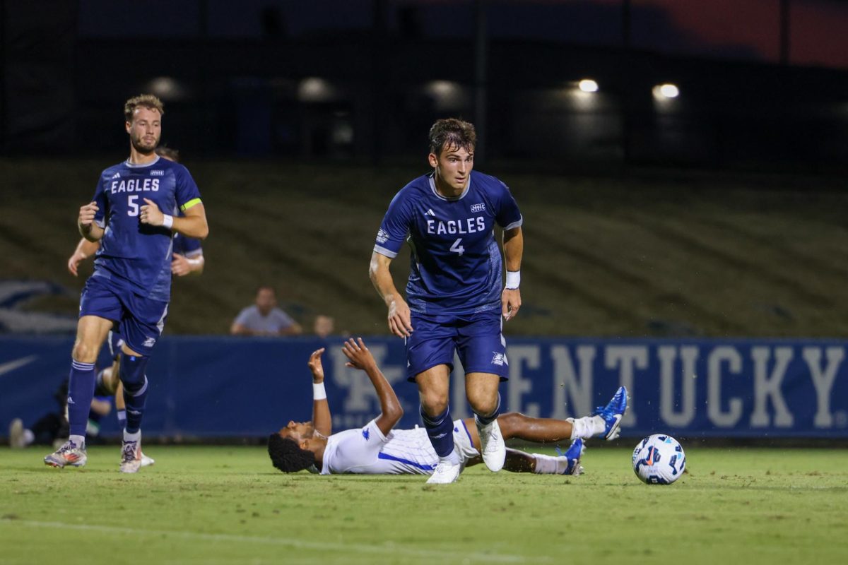 Georgia Southern defender AJ Pama follows the ball during the Kentucky vs Georgia Southern Men’s Soccer game at Wendell and Vickie Bell Soccer Complex in Lexington, Kentucky on Saturday, Sept. 20, 2024. Kentucky tied 0-0. Photo by Sydney Yonker | Staff
