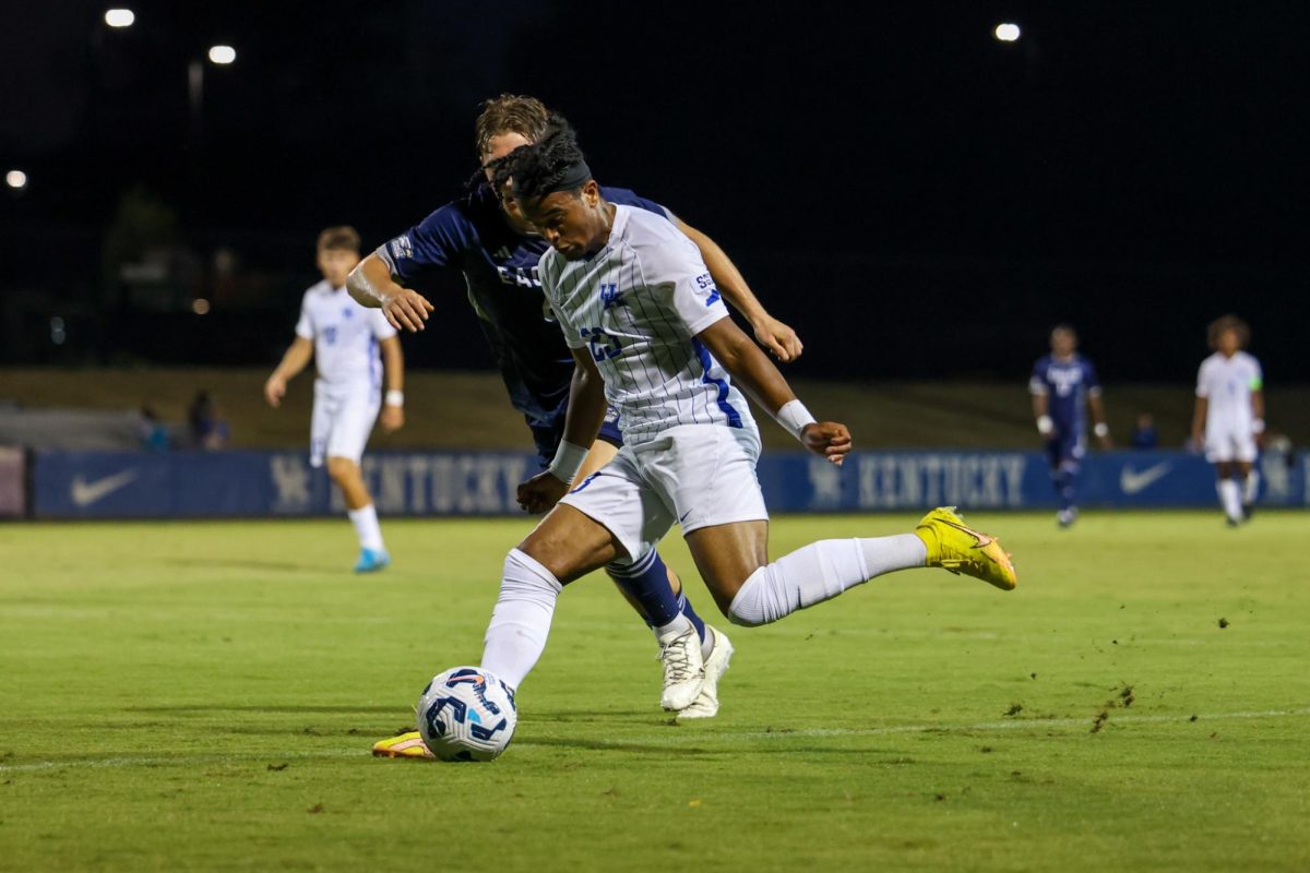 Kentucky forward Lewis Johnson kicks the ball during the Kentucky vs Georgia Southern Men’s Soccer game at Wendell and Vickie Bell Soccer Complex in Lexington, Kentucky on Saturday, Sept. 20, 2024. Kentucky tied 0-0. Photo by Sydney Yonker | Staff
