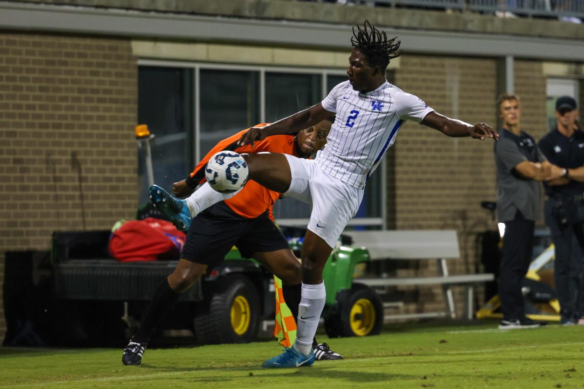 Kentucky forward Josh Gordon saves the ball from going out during the Kentucky vs. Georgia Southern Men’s Soccer game at Wendell and Vickie Bell Soccer Complex in Lexington, Kentucky on Saturday, Sept. 20, 2024. Kentucky tied 0-0. Photo by Sydney Yonker | Staff
