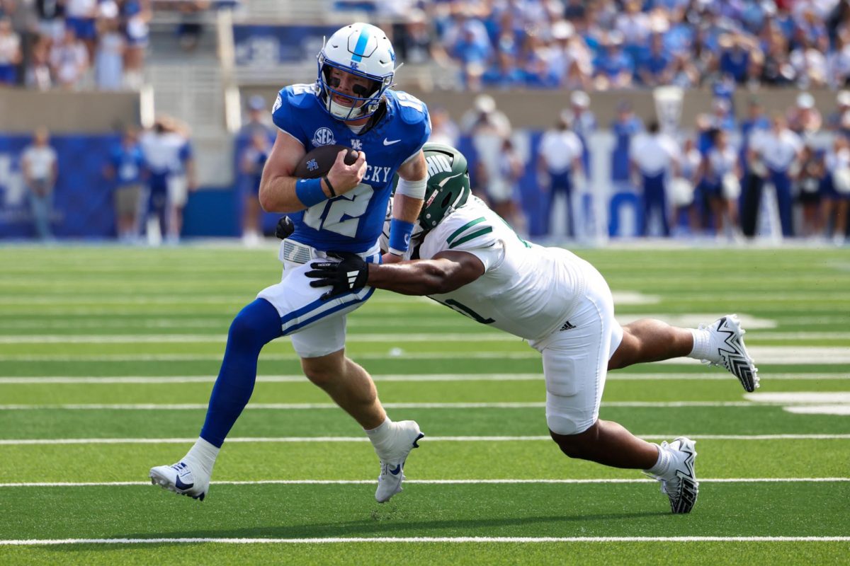 Kentucky Wildcats quarterback Brock Vandagriff (12) runs the ball during the Kentucky vs. Ohio University football game on Saturday, Sept. 21, 2024, at Kroger Field in Lexington, Kentucky. Photo by Sydney Yonker | Staff