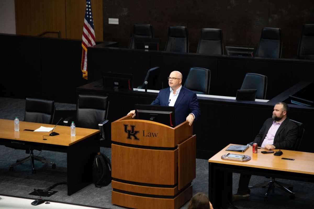 Michael Abate delivers the Annual State of the First Amendment Address on Thursday, Sept. 26, 2024, at the Rosenberg College of Law's Grand Courtroom in Lexington, Kentucky. Photo by Christian Kantosky | Staff