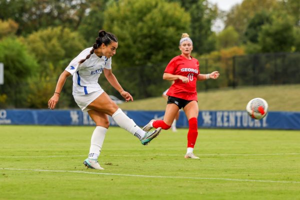 Kentucky forward Maddie Kemp kicks the ball during the Kentucky vs Georgia Women’s Soccer game on Thursday, Sept. 26, 2024, at Kroger Field in Lexington, Kentucky. Kentucky tied 1-1. Photo by Sydney Yonker | Staff