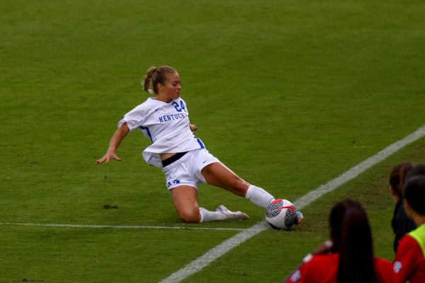 Kentucky defender Grace Phillpotts tries to save the ball during the Kentucky vs Georgia Women’s Soccer game on Thursday, Sept. 26, 2024, at Kroger Field in Lexington, Kentucky. Kentucky tied 1-1. Photo by Sydney Yonker | Staff