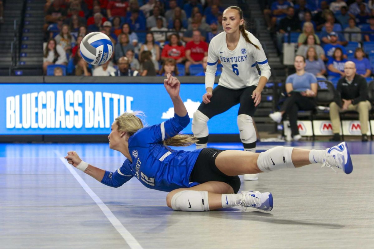 Kentucky’s Molly Tuozzo (12) dives to save the ball on Saturday, Aug. 31, 2024, at the Historic Memorial Coliseum in Lexington, Kentucky. Kentucky defeated Morehead 3-0 Photo by Isabella Sepahban | Staff