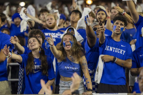 Kentucky fans celebrate after Kentucky gets a first down during the Kentucky vs Southern Mississippi football game on Saturday, Aug. 31, 2024, at Kroger Field in Lexington, Kentucky. Kentucky beat Southern Mississippi 31-0. Photo by Matthew Mueller | Photo Editor 