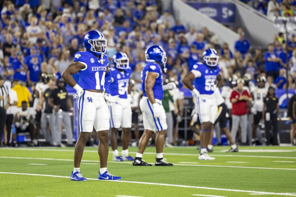 Kentucky Wildcats defensive back Ty Bryant (14) gets ready for the next play during the Kentucky vs Southern Mississippi football game on Saturday, Aug. 31, 2024, at Kroger Field in Lexington, Kentucky. Kentucky beat Southern Mississippi 31-0. Photo by Matthew Mueller | Photo Editor 