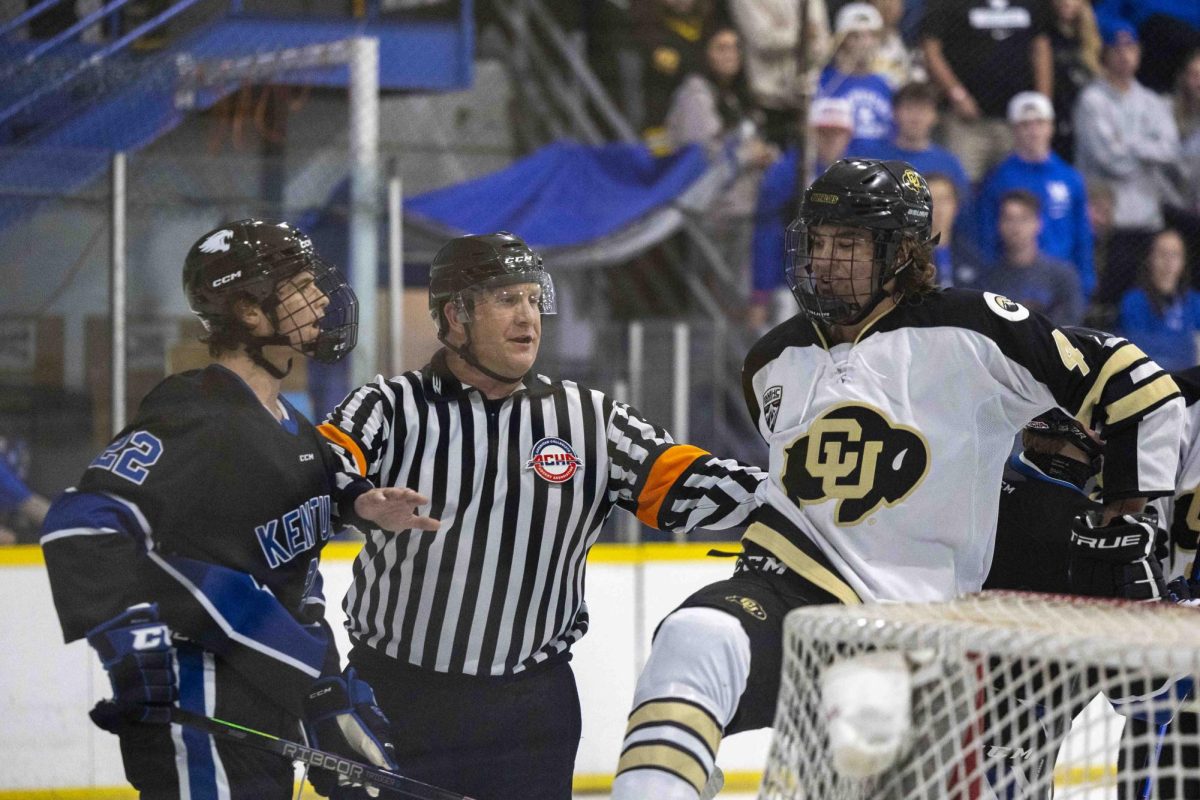 Kentucky Forward Macklin Yelle gets into a scuffle with a colorado player during the Kentucky vs the University of Colorado Hockey Game on Saturday, Sept. 7, 2024, at The Lexington Ice Center in Lexington, Kentucky. Kentucky lost to University of Colorado 2-0. Photo by Matthew Mueller | Photo Editor