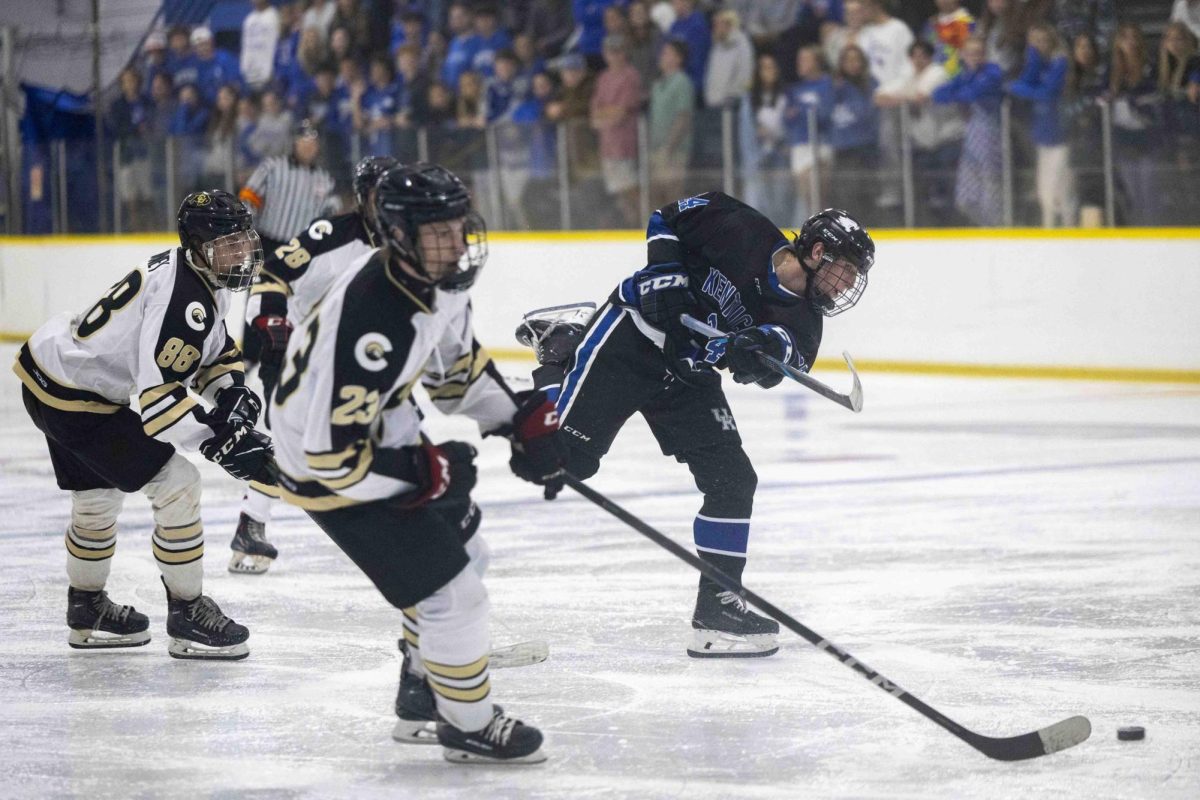 Kentucky Winger Jake Laube shoots at Colorado’s goal during the Kentucky vs the University of Colorado Hockey Game on Saturday, Sept. 7, 2024, at The Lexington Ice Center in Lexington, Kentucky. Kentucky lost to University of Colorado 2-0. Photo by Matthew Mueller | Photo Editor