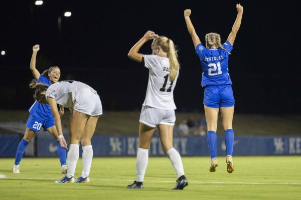 Kentucky Forward Anna Sikorski celebrates after scoring a goal in the second half during the Kentucky vs Murray State Soccer match on Thursday, Sept. 5, 2024, at Wendell & Vickie Bell Soccer Complex in Lexington, Kentucky. Kentucky defeated Murray State 1-0. Photo by Matthew Mueller | Photo Editor