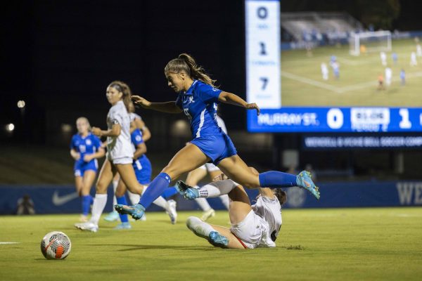 Kentucky Forward Abigail Stager hurdles a Murray State player during the Kentucky vs Murray State Soccer match on Thursday, Sept. 5, 2024, at Wendell & Vickie Bell Soccer Complex in Lexington, Kentucky. Kentucky defeated Murray State 1-0. Photo by Matthew Mueller | Photo Editor