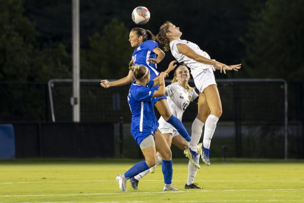 Kentucky Midfielder Catherine DeRosa heads the ball during the Kentucky vs Murray State Soccer match on Thursday, Sept. 5, 2024, at Wendell &amp; Vickie Bell Soccer Complex in Lexington, Kentucky. Kentucky defeated Murray State 1-0. Photo by Matthew Mueller | Photo Editor