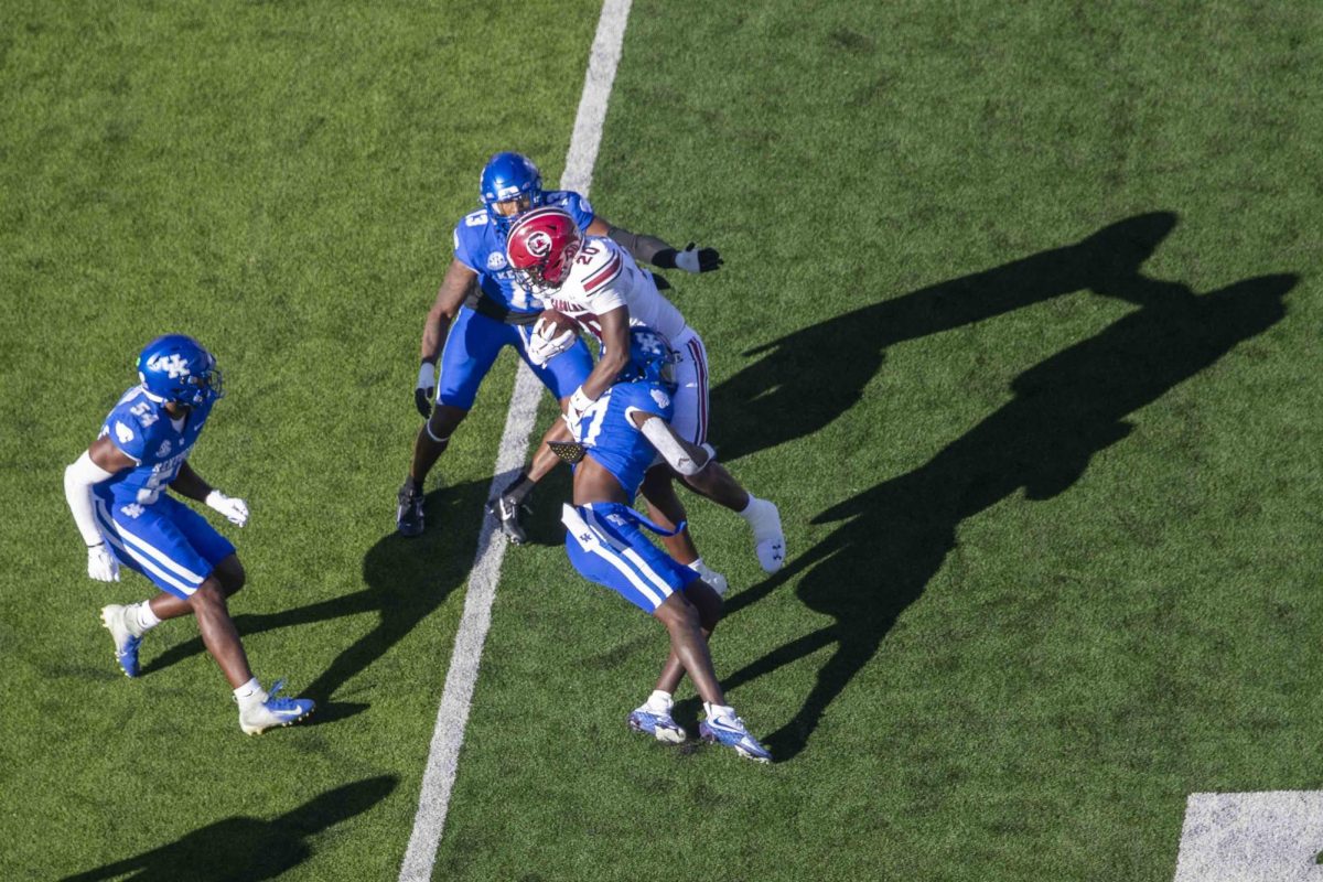 South Carolina Gamecocks Tight End Michael Smith (20) tries to aviod defenders during the game between Kentucky and South Carolina. Kentucky lost to South Carolina 31-6. Saturday, Sept. 7, 2024, at Kroger Field in Lexington, Kentucky. Photo by Matthew Mueller | Photo Editor