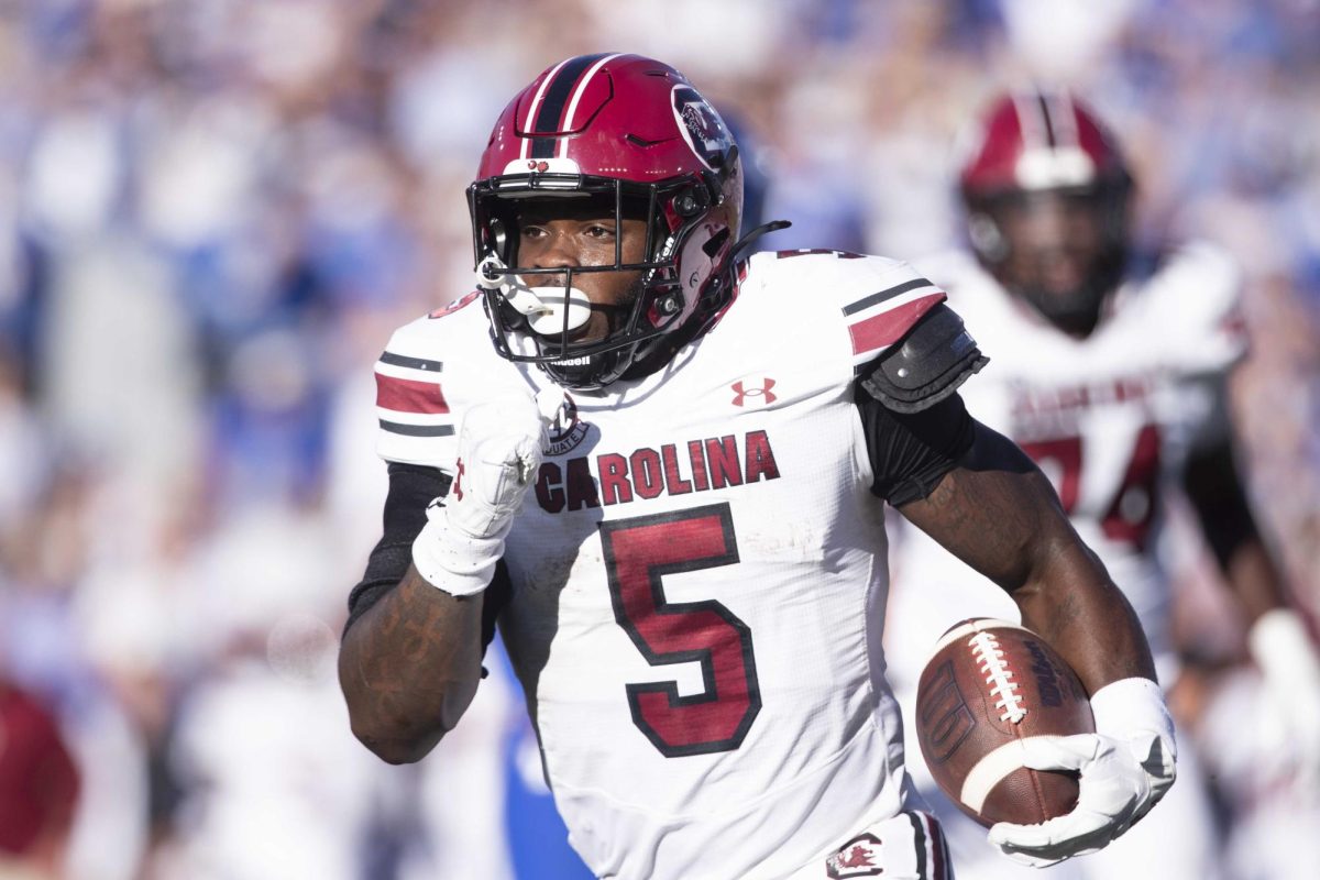 South Carolina Gamecocks Raheim Sanders (5) runs the ball during the game between Kentucky and South Carolina. Kentucky lost to South Carolina 31-6. Saturday, Sept. 7, 2024, at Kroger Field in Lexington, Kentucky. Photo by Matthew Mueller | Photo Editor