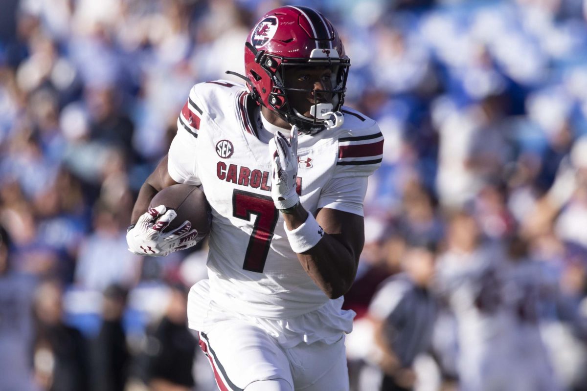 South Carolina Gamecocks Wide Receiver Gage Larvadain (7) runs the ball during the game between Kentucky and South Carolina. Kentucky lost to South Carolina 31-6. Saturday, Sept. 7, 2024, at Kroger Field in Lexington, Kentucky. Photo by Matthew Mueller | Photo Editor