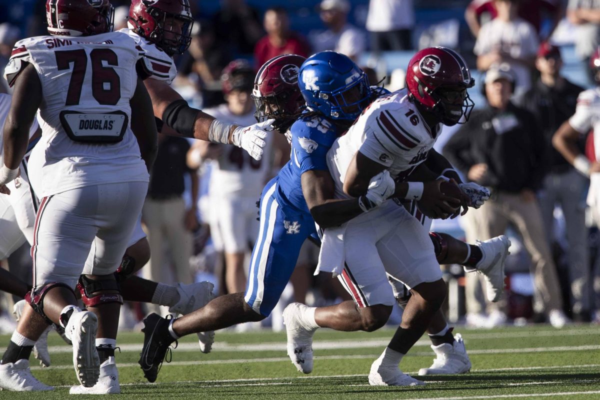 Kentucky Wildcats linebacker Steven Soles Jr. (35) sacks the quaterback during the game between Kentucky and South Carolina. Kentucky lost to South Carolina 31-6. Saturday, Sept. 7, 2024, at Kroger Field in Lexington, Kentucky. Photo by Matthew Mueller | Photo Editor