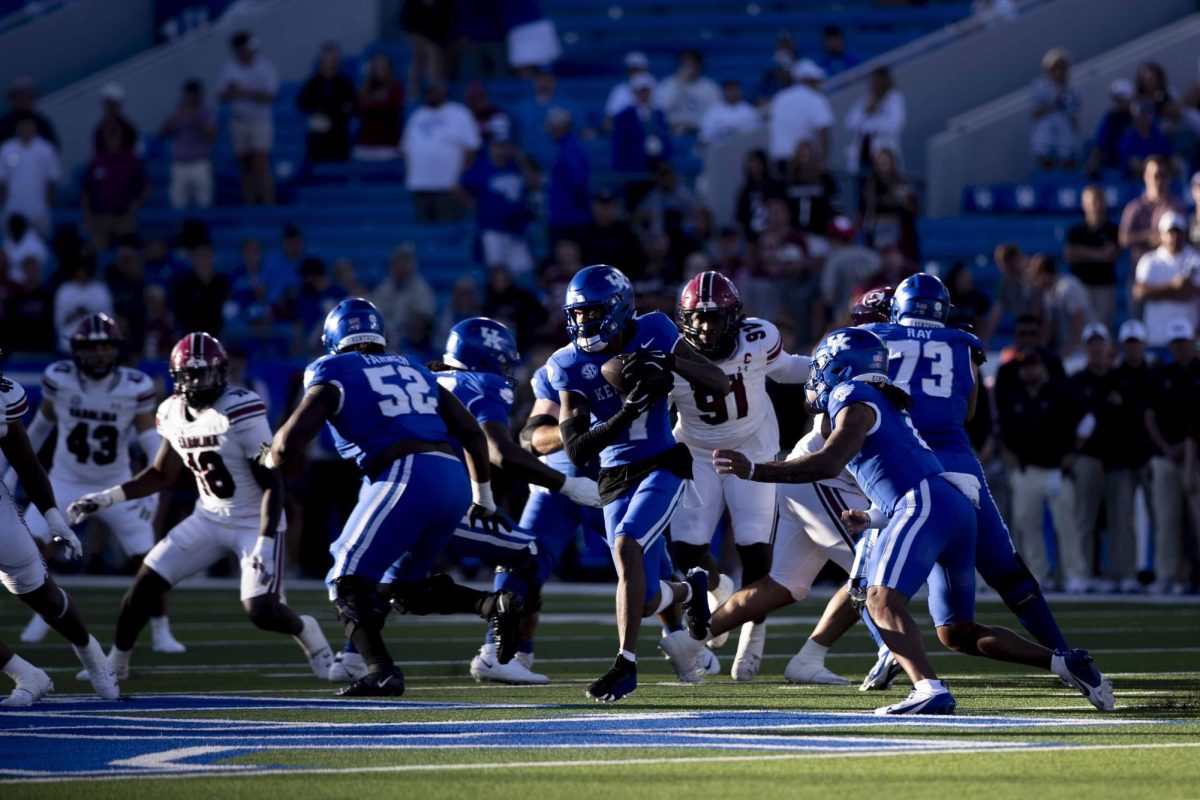 Kentucky Wildcats wide receiver Barion Brown (7) rushes past defenders during the game between Kentucky and South Carolina. Kentucky lost to South Carolina 31-6. Saturday, Sept. 7, 2024, at Kroger Field in Lexington, Kentucky. Photo by Matthew Mueller | Photo Editor