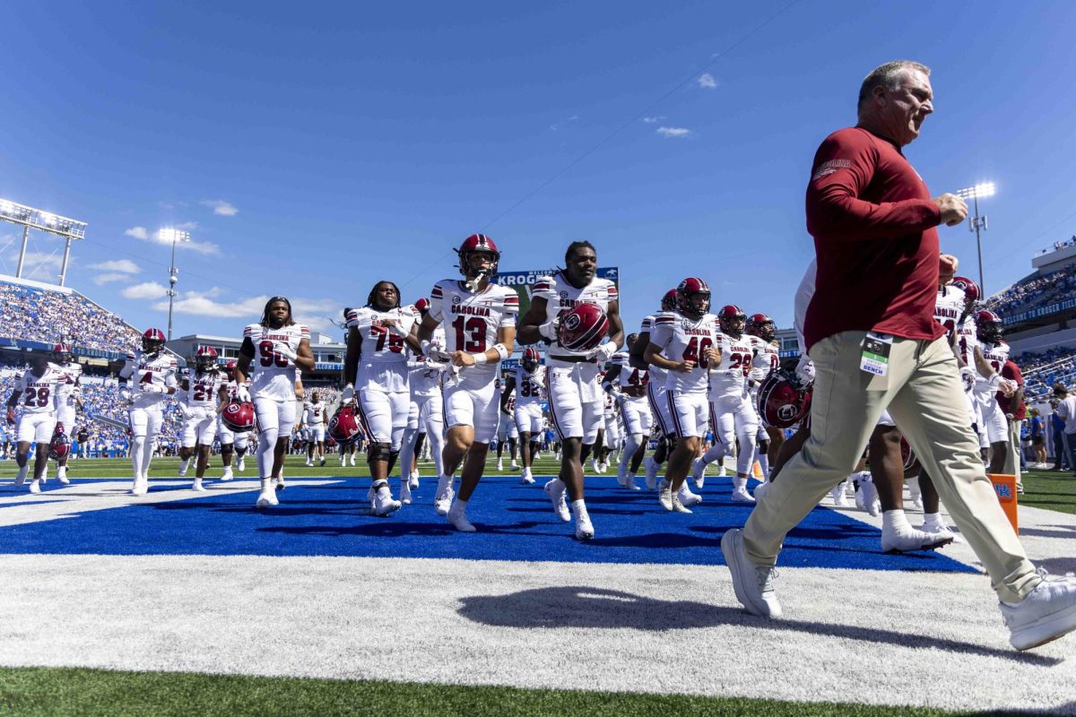 South Carolina heads to their locker room before the game between Kentucky and South Carolina. Kentucky lost to South Carolina 31-6. Saturday, Sept. 7, 2024, at Kroger Field in Lexington, Kentucky. Photo by Matthew Mueller | Photo Editor